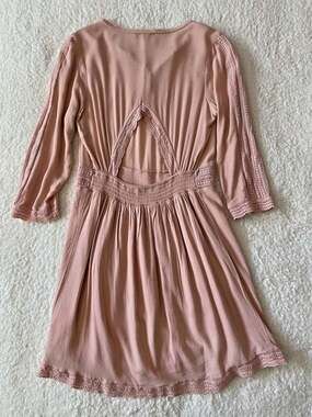 Heartloom Mini Dress Womens S Lined Lace Knit Boho Cottage-core Cutout Back Pink